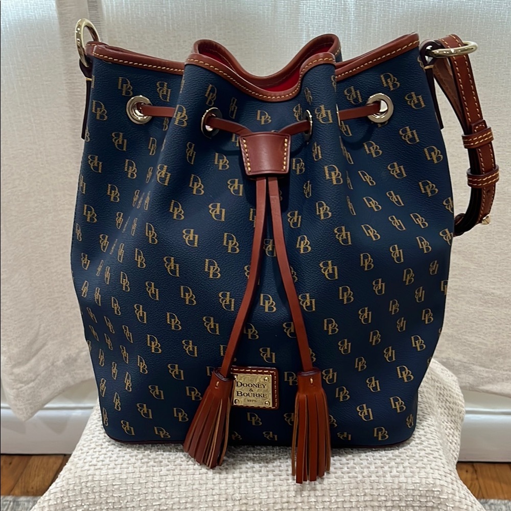 Dooney & Bourke Navy and Brown Drawstring Bucket Shoulder Bag